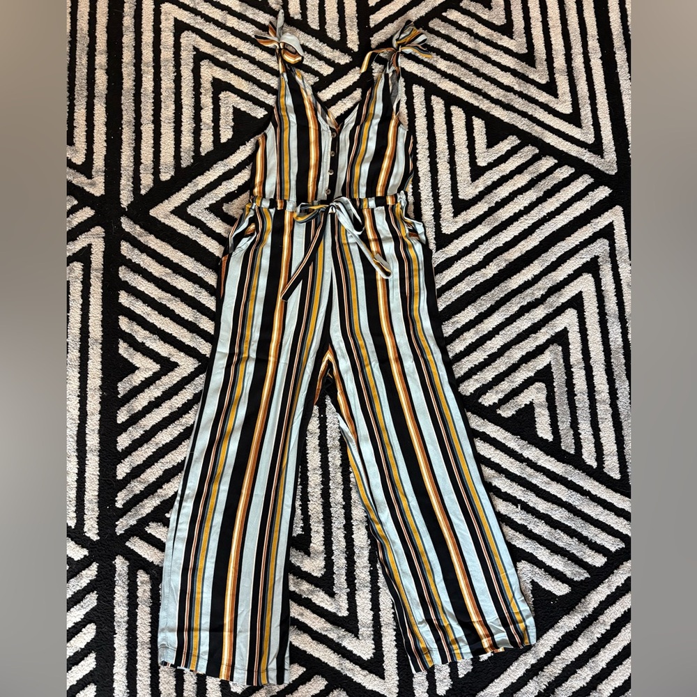 Xhilaration Striped V-Neck Wide-Leg Jumpsuit in Black, Blue & Gold